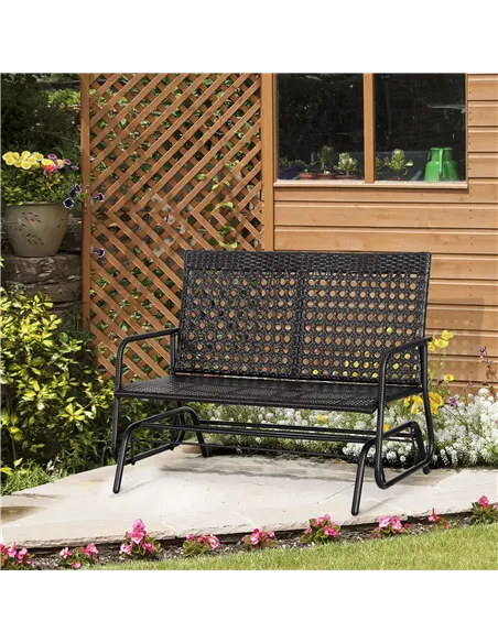 Outsunny 2 Seater PE Rattan Glider Bench, Outdoor Loveseat Chair with Steel Frame, Porch Rocking Glider for 2 Person with Armcha