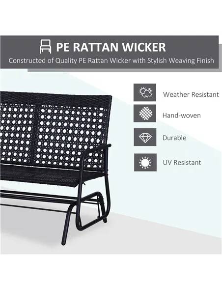 Outsunny 2 Seater PE Rattan Glider Bench, Outdoor Loveseat Chair with Steel Frame, Porch Rocking Glider for 2 Person with Armcha