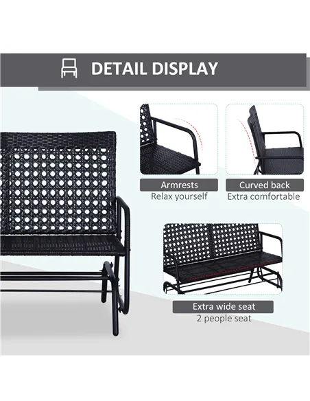Outsunny 2 Seater PE Rattan Glider Bench, Outdoor Loveseat Chair with Steel Frame, Porch Rocking Glider for 2 Person with Armcha