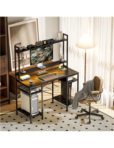 HOMCOM Computer Desk with Power Outlets and LED Lights, Home Office Desk with Monitor Stand, 2 CPU Stands and Storage Shelves, S