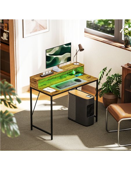 HOMCOM 100cm Computer Desk with LED Lights and Power Outlets, Gaming Desk with Monitor Stand, Computer Table with Remote for Hom