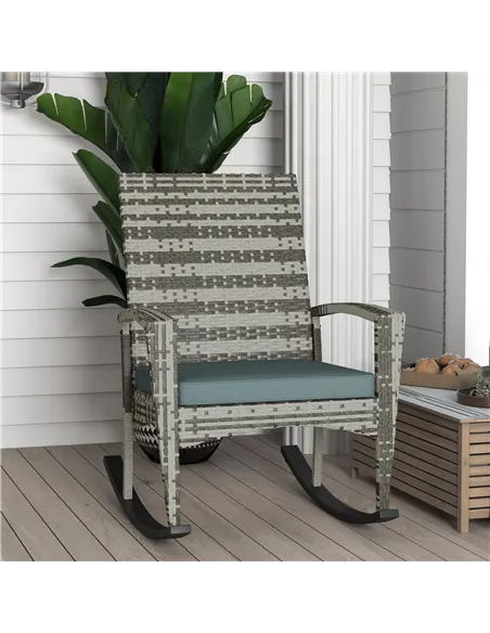 Outsunny PE Rattan Garden Rocking Chair, Outdoor Rocking with Cushion, 160 KG Capacity Wicker Garden Armchair Rocker with Metal 