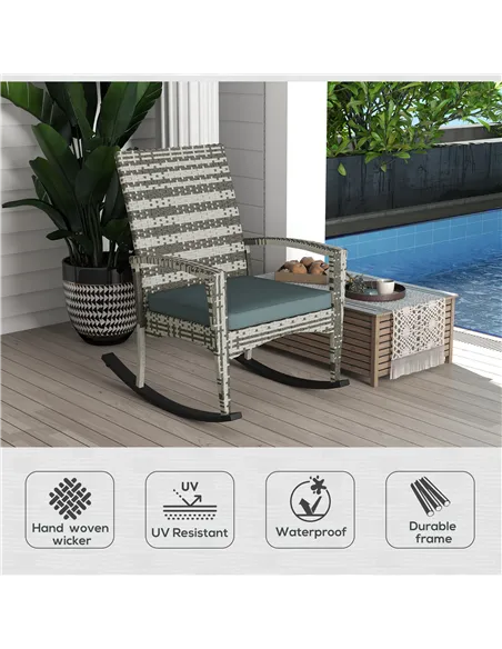 Outsunny PE Rattan Garden Rocking Chair, Outdoor Rocking with Cushion, 160 KG Capacity Wicker Garden Armchair Rocker with Metal 