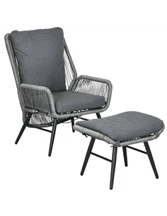 Outsunny String Rattan Armchair and Footstool Set, with Cushions - Grey