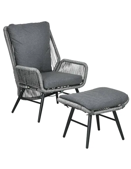 Outsunny String Rattan Armchair and Footstool Set, with Cushions - Grey