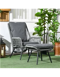 Outsunny String Rattan Armchair and Footstool Set, with Cushions - Grey 2