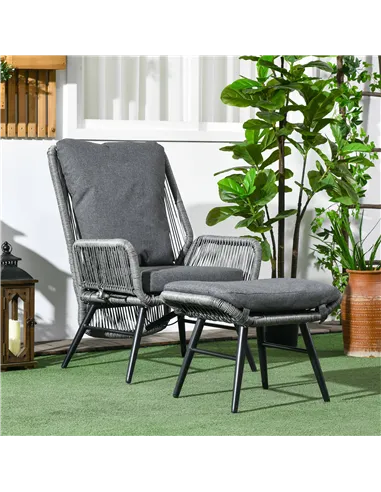 Outsunny String Rattan Armchair and Footstool Set, with Cushions - Grey