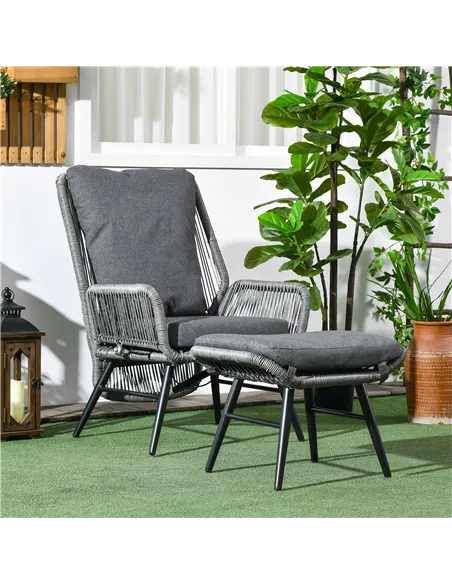 Outsunny String Rattan Armchair and Footstool Set, with Cushions - Grey