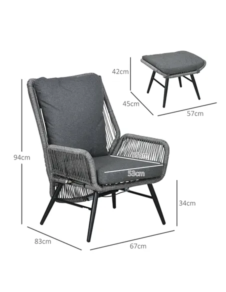 Outsunny String Rattan Armchair and Footstool Set, with Cushions - Grey