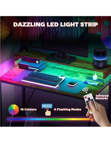 HOMCOM 100cm Computer Desk with LED Lights and Power Outlets, Gaming Desk with Monitor Stand, Computer Table with Remote for Hom