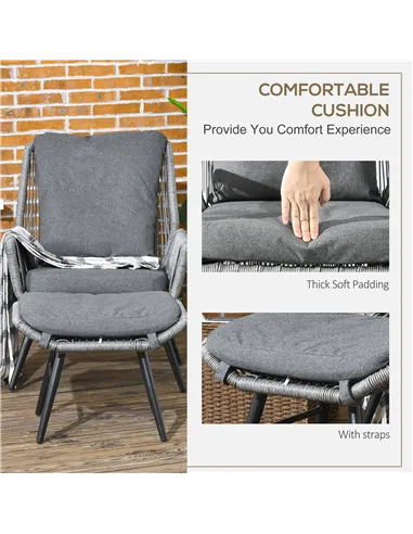 Outsunny String Rattan Armchair and Footstool Set, with Cushions - Grey