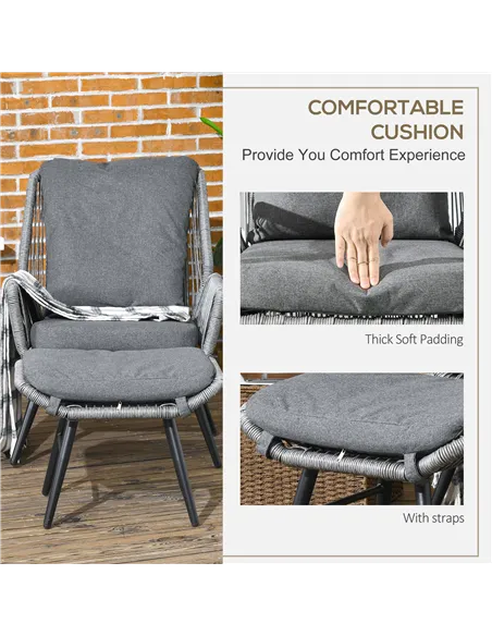 Outsunny String Rattan Armchair and Footstool Set, with Cushions - Grey
