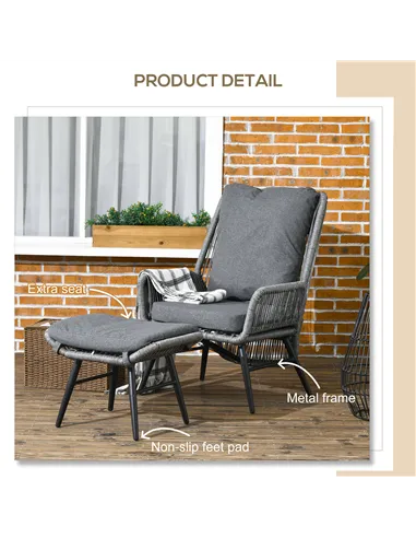Outsunny String Rattan Armchair and Footstool Set, with Cushions - Grey