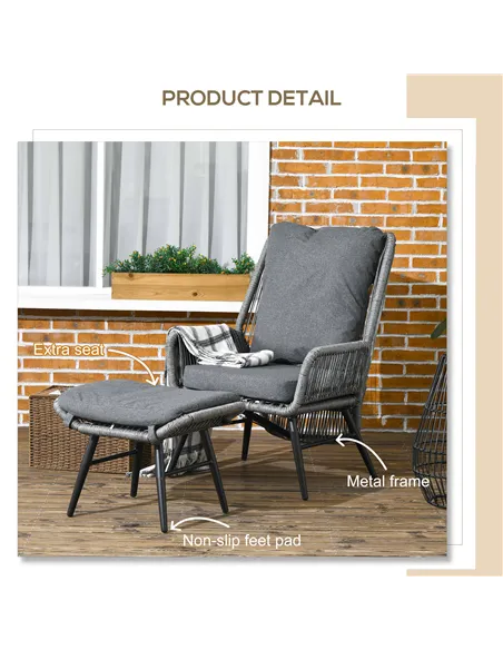 Outsunny String Rattan Armchair and Footstool Set, with Cushions - Grey