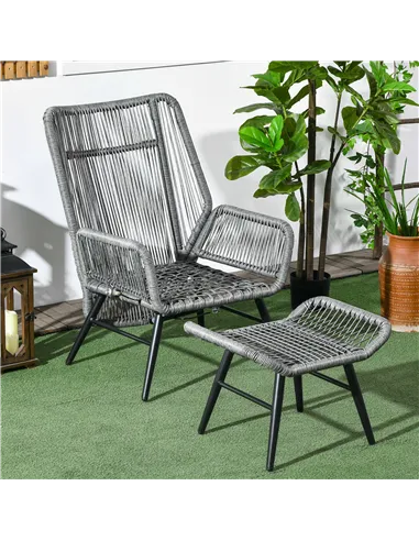Outsunny String Rattan Armchair and Footstool Set, with Cushions - Grey