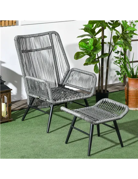 Outsunny String Rattan Armchair and Footstool Set, with Cushions - Grey