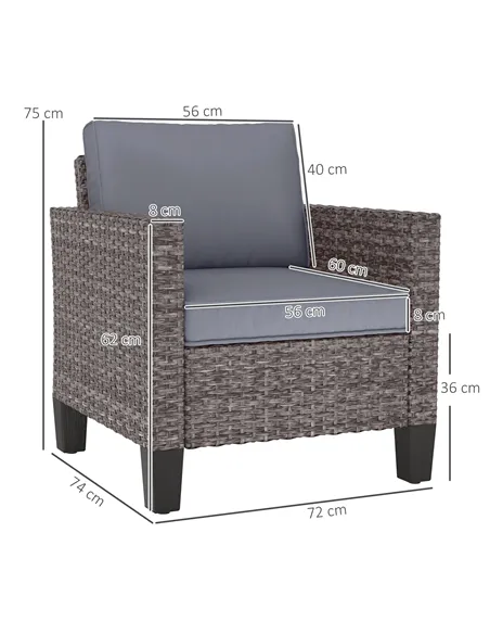 Outsunny Single Rattan Armchair, with Cushions - Mixed Grey