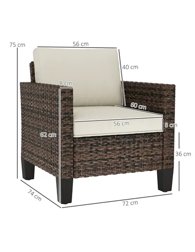 Outsunny Single Rattan Armchair, with Cushions - Brown