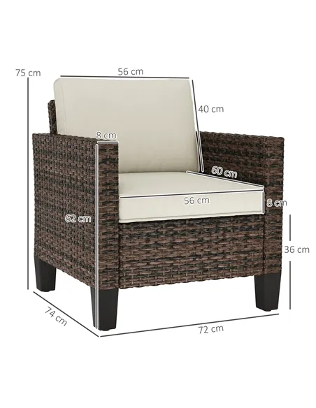 Outsunny Single Rattan Armchair, with Cushions - Brown