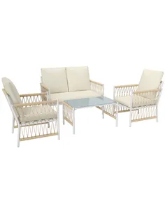 Outsunny 4 Piece Rattan Garden Furniture Set, 4 Seater Wicker Patio Conversation Set with 2 Armchairs, Loveseat, Glass Top Coffe