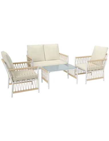 Outsunny 4 Piece Rattan Garden Furniture Set, 4 Seater Wicker Patio Conversation Set with 2 Armchairs, Loveseat, Glass Top Coffe