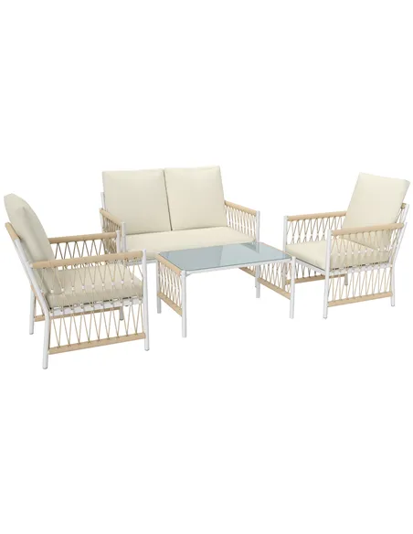 Outsunny 4 Piece Rattan Garden Furniture Set, 4 Seater Wicker Patio Conversation Set with 2 Armchairs, Loveseat, Glass Top Coffe