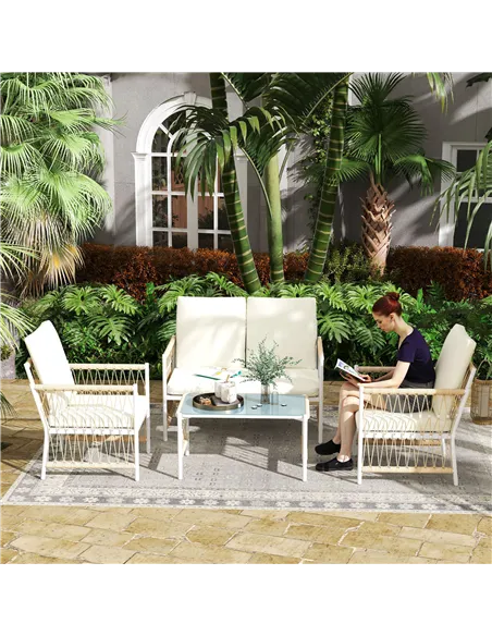 Outsunny 4 Piece Rattan Garden Furniture Set, 4 Seater Wicker Patio Conversation Set with 2 Armchairs, Loveseat, Glass Top Coffe