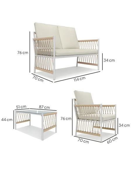 Outsunny 4 Piece Rattan Garden Furniture Set, 4 Seater Wicker Patio Conversation Set with 2 Armchairs, Loveseat, Glass Top Coffe