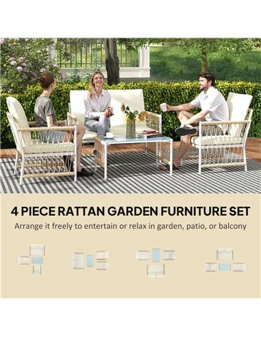 Outsunny 4 Piece Rattan Garden Furniture Set, 4 Seater Wicker Patio Conversation Set with 2 Armchairs, Loveseat, Glass Top Coffe