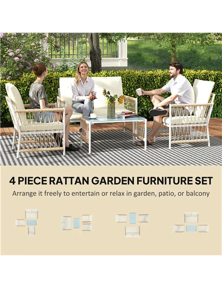 Outsunny 4 Piece Rattan Garden Furniture Set, 4 Seater Wicker Patio Conversation Set with 2 Armchairs, Loveseat, Glass Top Coffe