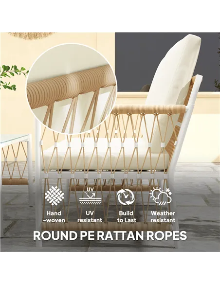 Outsunny 4 Piece Rattan Garden Furniture Set, 4 Seater Wicker Patio Conversation Set with 2 Armchairs, Loveseat, Glass Top Coffe