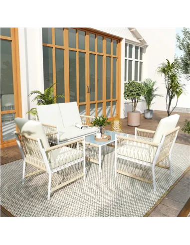 Outsunny 4 Piece Rattan Garden Furniture Set, 4 Seater Wicker Patio Conversation Set with 2 Armchairs, Loveseat, Glass Top Coffe