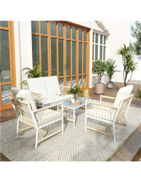 Outsunny 4 Piece Rattan Garden Furniture Set, 4 Seater Wicker Patio Conversation Set with 2 Armchairs, Loveseat, Glass Top Coffe