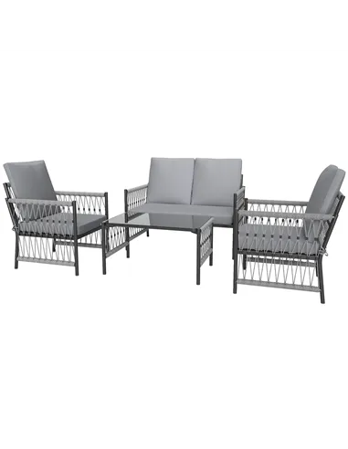 Outsunny 4 Piece Rattan Garden Furniture Set, 4 Seater Wicker Patio Conversation Set with 2 Armchairs, Loveseat, Glass Top Coffe