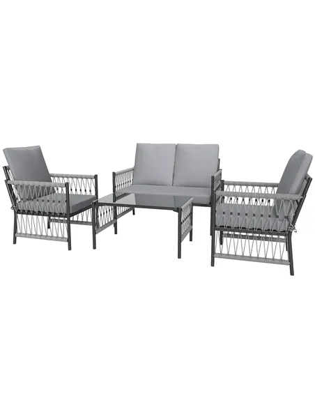 Outsunny 4 Piece Rattan Garden Furniture Set, 4 Seater Wicker Patio Conversation Set with 2 Armchairs, Loveseat, Glass Top Coffe