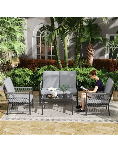 Outsunny 4 Piece Rattan Garden Furniture Set, 4 Seater Wicker Patio Conversation Set with 2 Armchairs, Loveseat, Glass Top Coffe