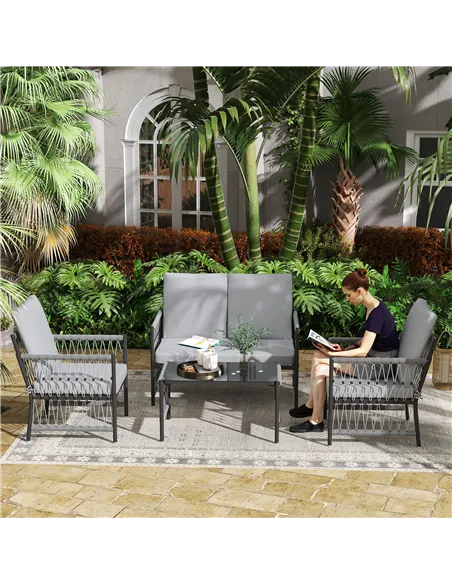 Outsunny 4 Piece Rattan Garden Furniture Set, 4 Seater Wicker Patio Conversation Set with 2 Armchairs, Loveseat, Glass Top Coffe