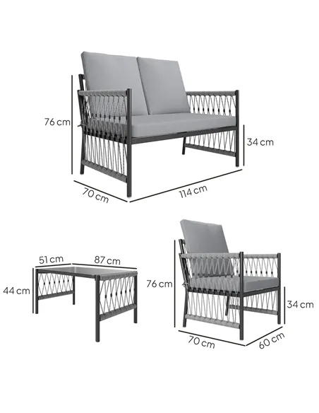 Outsunny 4 Piece Rattan Garden Furniture Set, 4 Seater Wicker Patio Conversation Set with 2 Armchairs, Loveseat, Glass Top Coffe