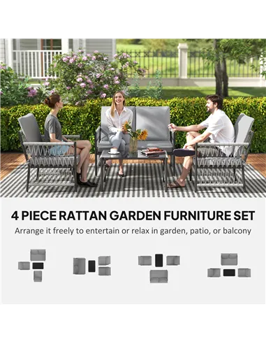 Outsunny 4 Piece Rattan Garden Furniture Set, 4 Seater Wicker Patio Conversation Set with 2 Armchairs, Loveseat, Glass Top Coffe