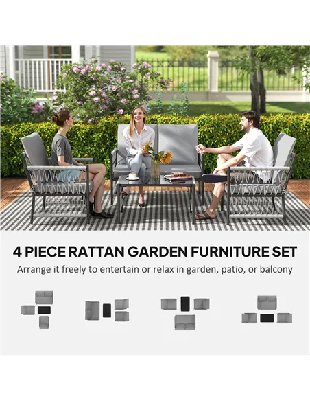 Outsunny 4 Piece Rattan Garden Furniture Set, 4 Seater Wicker Patio Conversation Set with 2 Armchairs, Loveseat, Glass Top Coffe