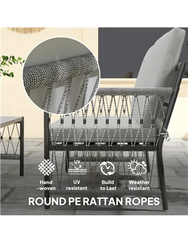 Outsunny 4 Piece Rattan Garden Furniture Set, 4 Seater Wicker Patio Conversation Set with 2 Armchairs, Loveseat, Glass Top Coffe