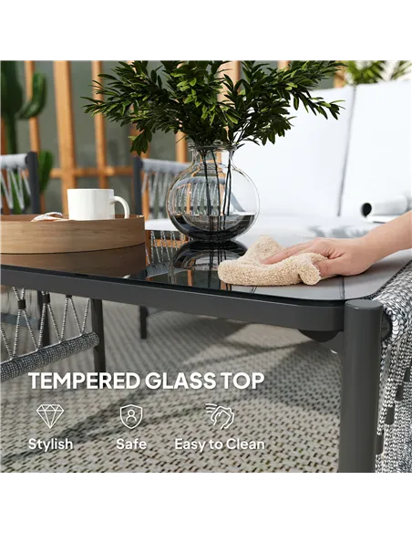 Outsunny 4 Piece Rattan Garden Furniture Set, 4 Seater Wicker Patio Conversation Set with 2 Armchairs, Loveseat, Glass Top Coffe