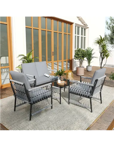 Outsunny 4 Piece Rattan Garden Furniture Set, 4 Seater Wicker Patio Conversation Set with 2 Armchairs, Loveseat, Glass Top Coffe
