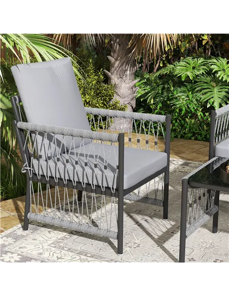Outsunny 4 Piece Rattan Garden Furniture Set, 4 Seater Wicker Patio Conversation Set with 2 Armchairs, Loveseat, Glass Top Coffe