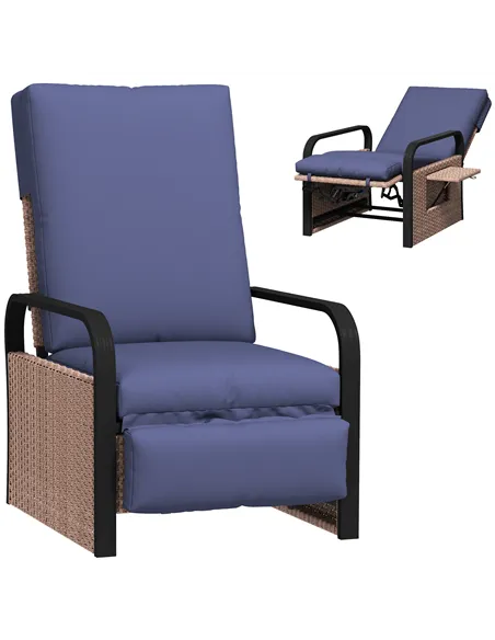 Outsunny 140° Reclining Rattan Armchair - Brown/Blue