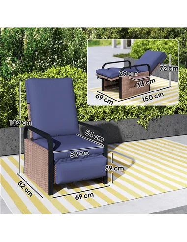 Outsunny 140° Reclining Rattan Armchair - Brown/Blue