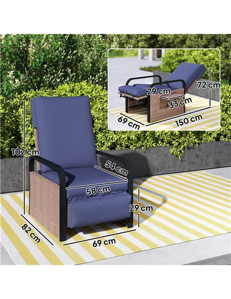 Outsunny 140° Reclining Rattan Armchair - Brown/Blue