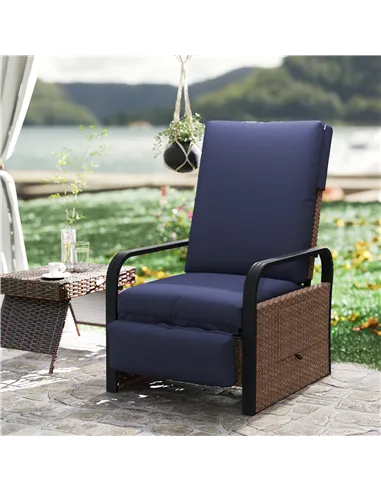 Outsunny 140° Reclining Rattan Armchair - Brown/Blue