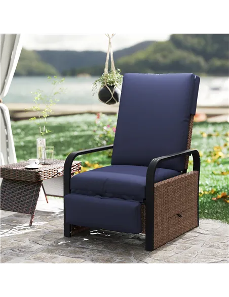 Outsunny 140° Reclining Rattan Armchair - Brown/Blue