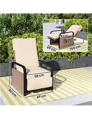 Outsunny 140° Reclining Rattan Armchair - Brown/Khaki